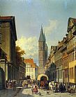 Town Canvas Paintings - A Busy Street in a German Town